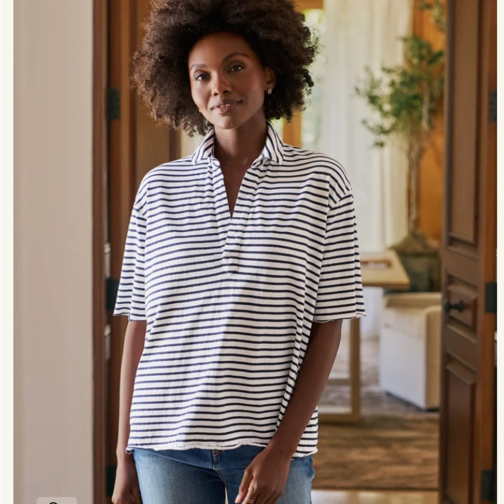 Frank & Eileen Patty Striped Short-Sleeve Polo Top in White & Navy Stripe